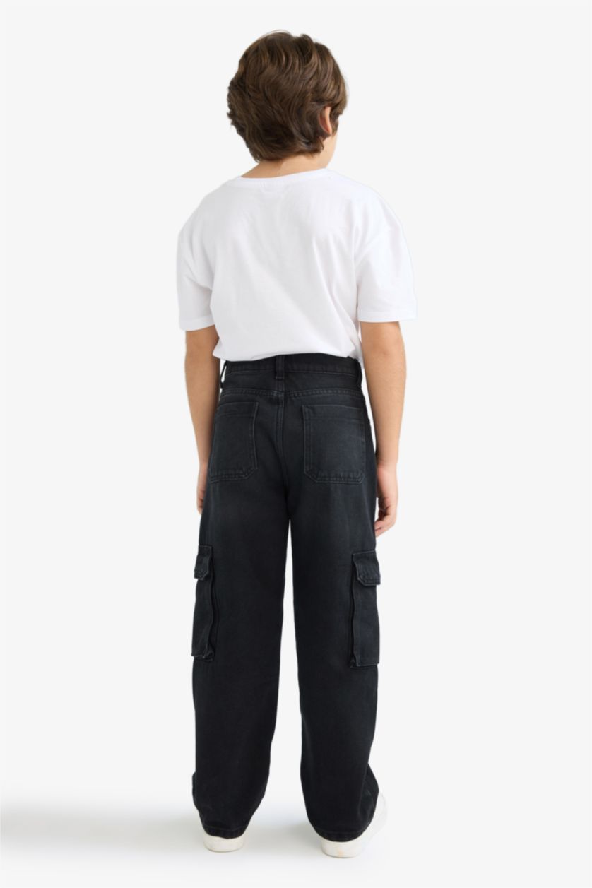 Erkek Çocuk - Genç Erkek Siyah Kargo Fit Düz Paça Jean Pantolon Erkek Çocuk