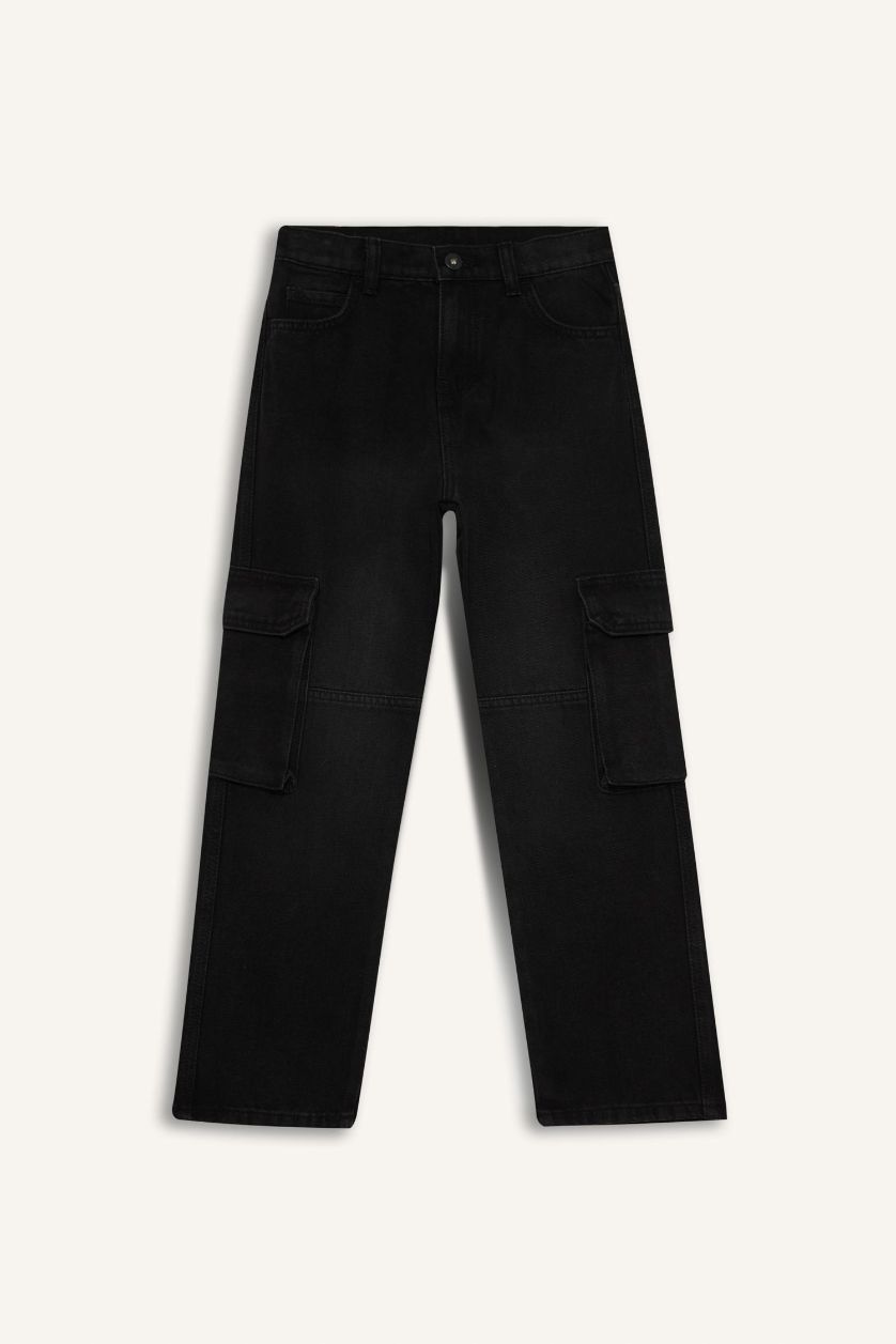 Erkek Çocuk - Genç Erkek Siyah Kargo Fit Düz Paça Jean Pantolon Erkek Çocuk