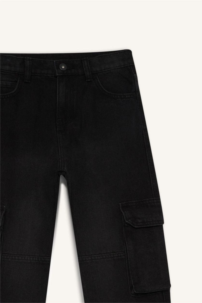 Erkek Çocuk - Genç Erkek Siyah Kargo Fit Düz Paça Jean Pantolon Erkek Çocuk