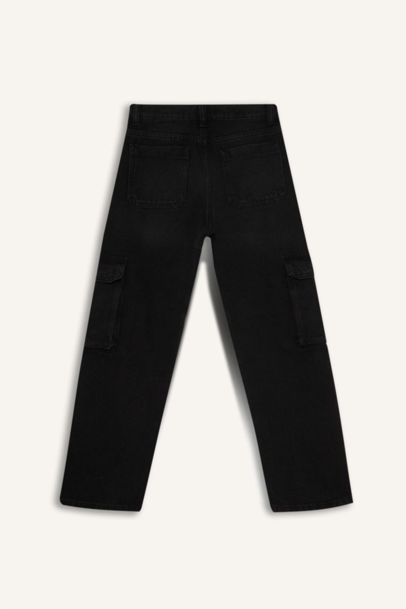 Erkek Çocuk - Genç Erkek Siyah Kargo Fit Düz Paça Jean Pantolon Erkek Çocuk