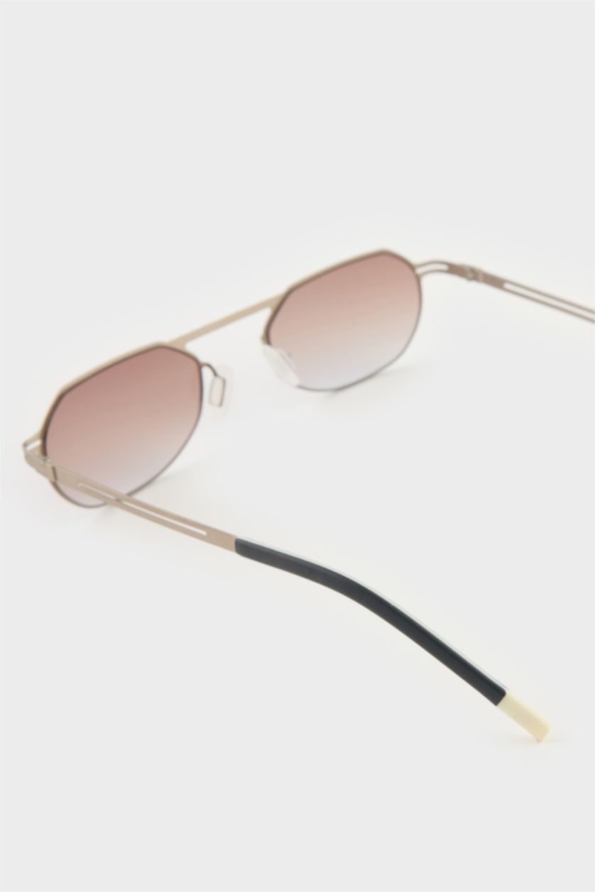 Erkek Bej Erkek Küçük Oval Bej Metal Çerçeve Kahve Cam UV Güneş Gözlüğü