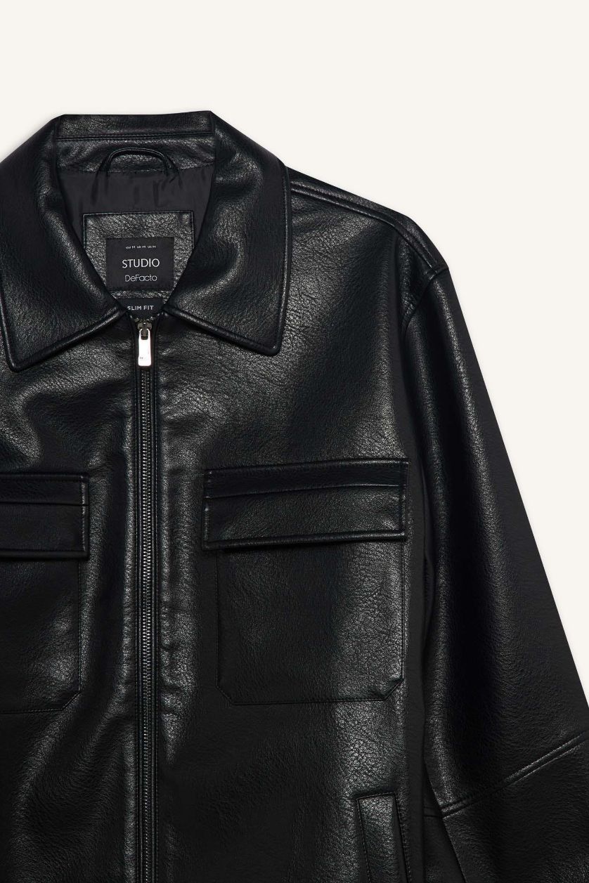 Erkek Siyah Su İtici Slim Fit Dar Kesim Polo Yaka İç Cepli Fermuarlı Rüzgar Geçirmez Suni Deri Mevsimlik Mont