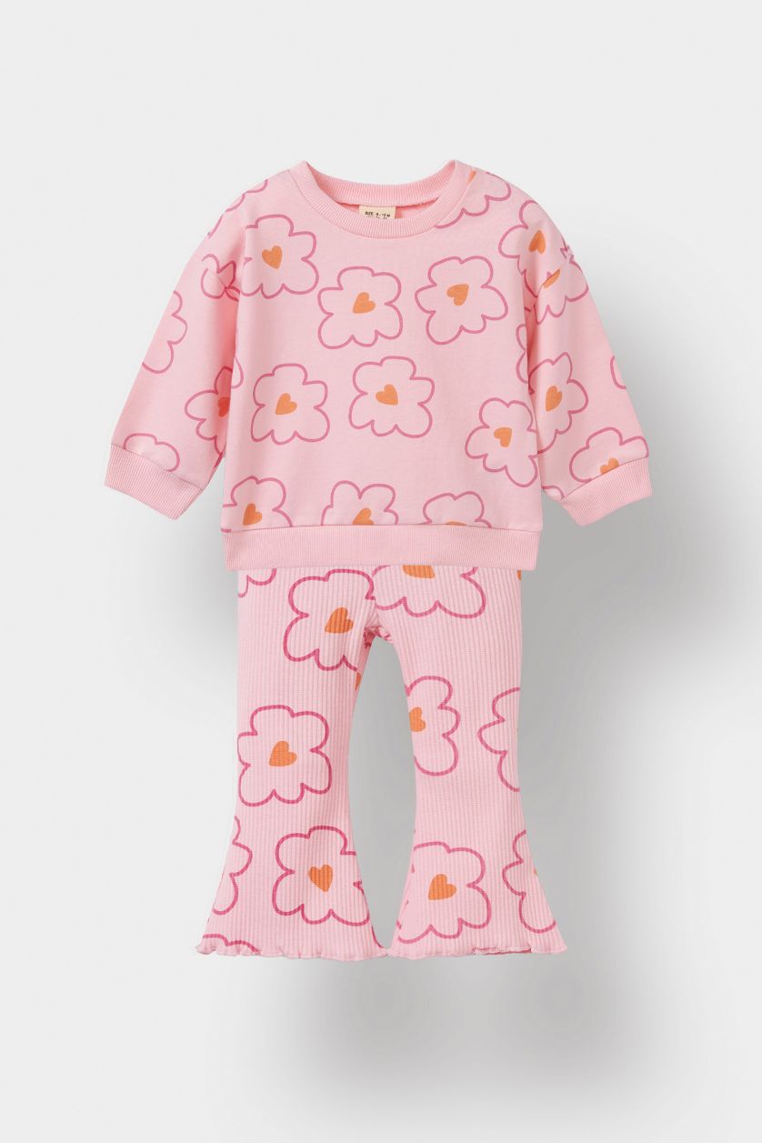 Kız Bebek Açık Pembe 2'li Takım Çiçekli Sweatshirt İspanyol Paça Tayt Kız Bebek