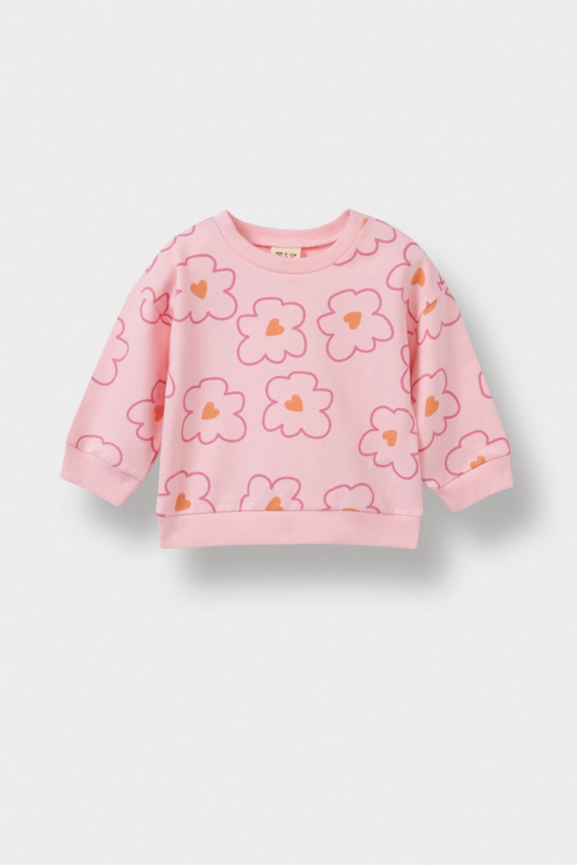 Kız Bebek Açık Pembe 2'li Takım Çiçekli Sweatshirt İspanyol Paça Tayt Kız Bebek