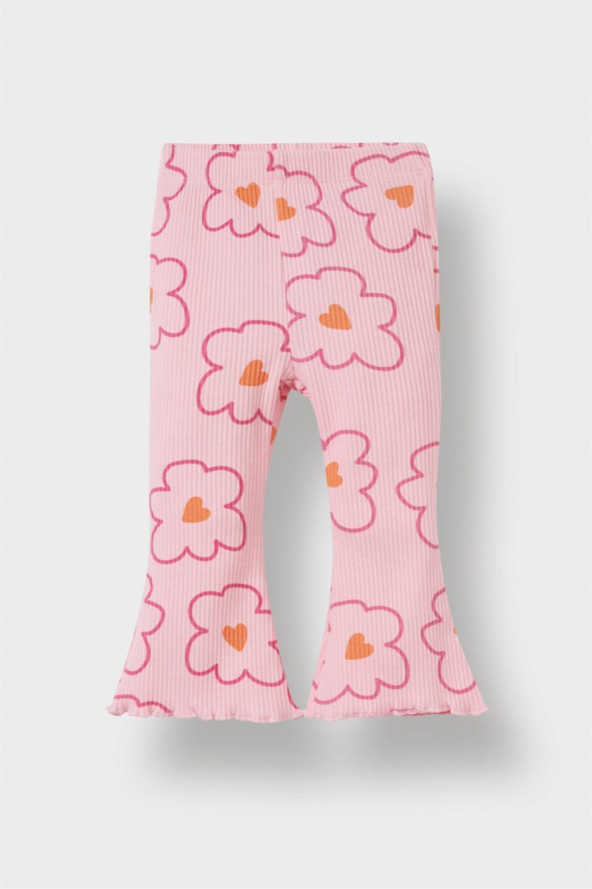 Kız Bebek Açık Pembe 2'li Takım Çiçekli Sweatshirt İspanyol Paça Tayt Kız Bebek