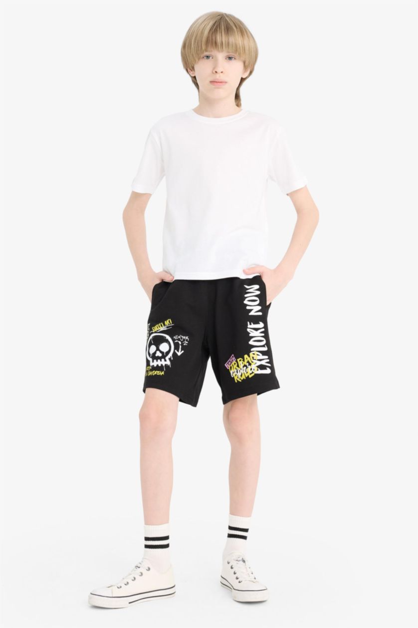 Boys & Teens Black Boy Elastic Waist Printed Shorts