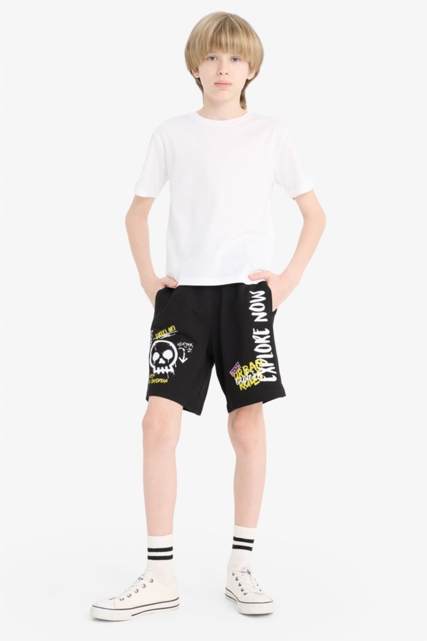 BOYS & TEENS Black Boy Elastic Waist Printed Shorts