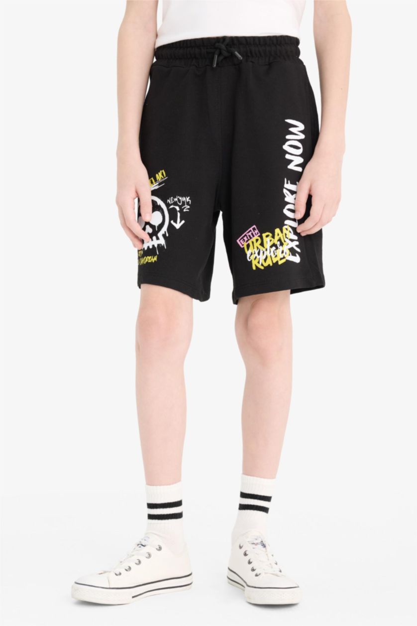 Boys & Teens Black Boy Elastic Waist Printed Shorts