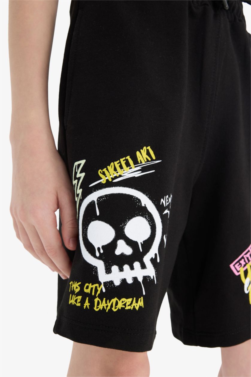 Boys & Teens Black Boy Elastic Waist Printed Shorts