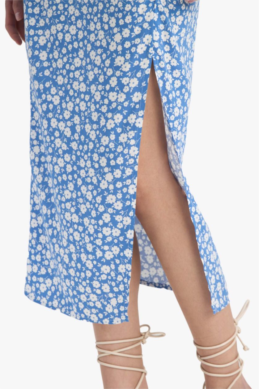 Kadın Mavi A Kesim Çiçek Desenli Yüksek Bel Yırtmaçlı Midi Etek