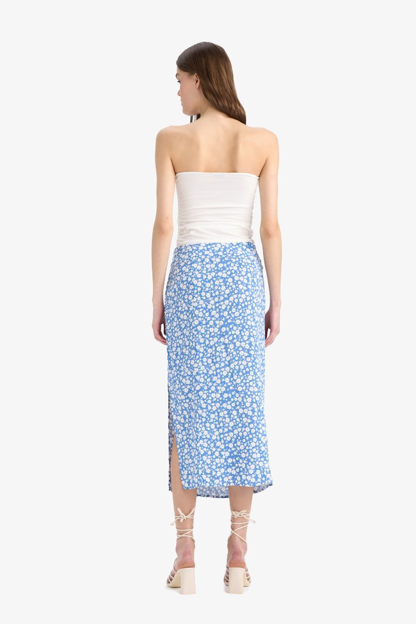 Kadın Mavi A Kesim Çiçek Desenli Yüksek Bel Yırtmaçlı Midi Etek