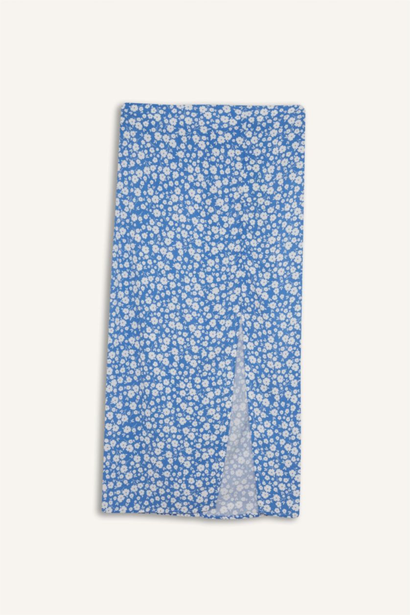 Kadın Mavi A Kesim Çiçek Desenli Yüksek Bel Yırtmaçlı Midi Etek