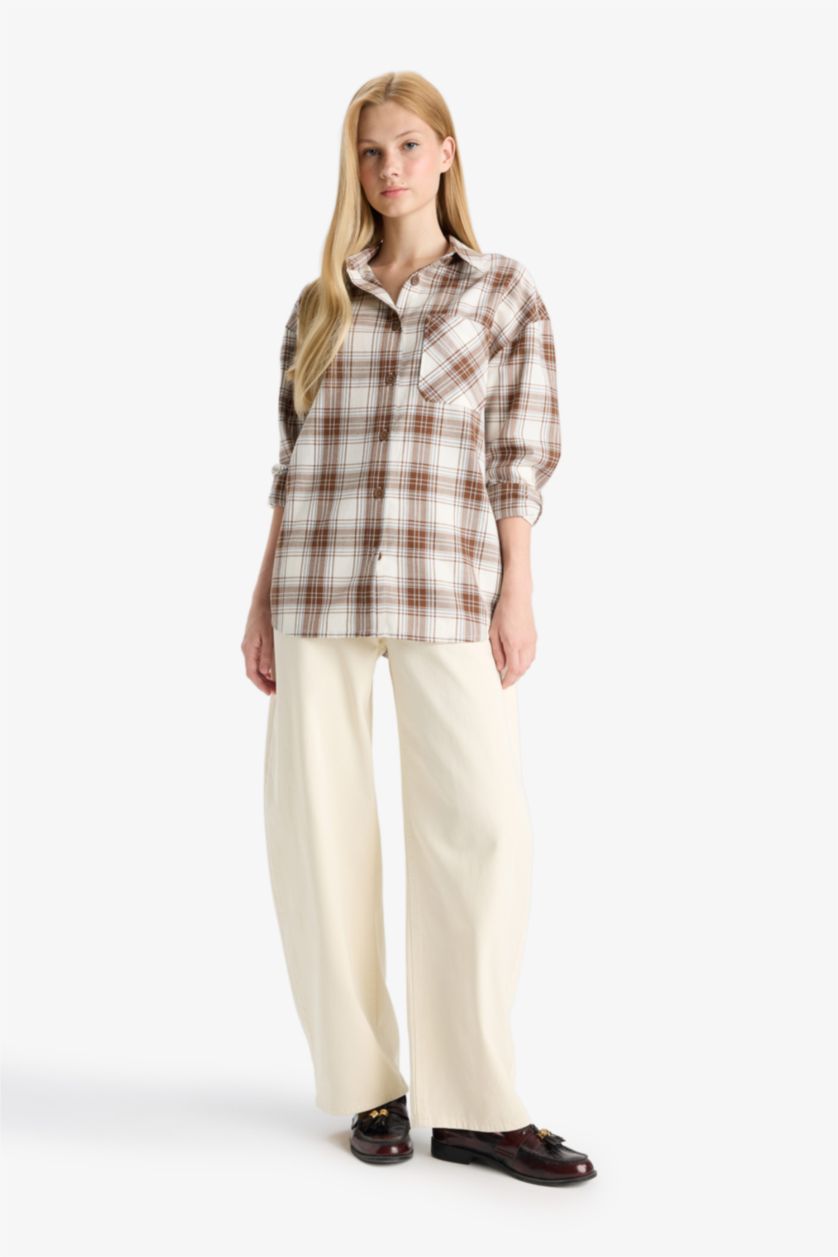 نساء بني قميص كم طويل فلانيل اوفر سايز برقبة قميص