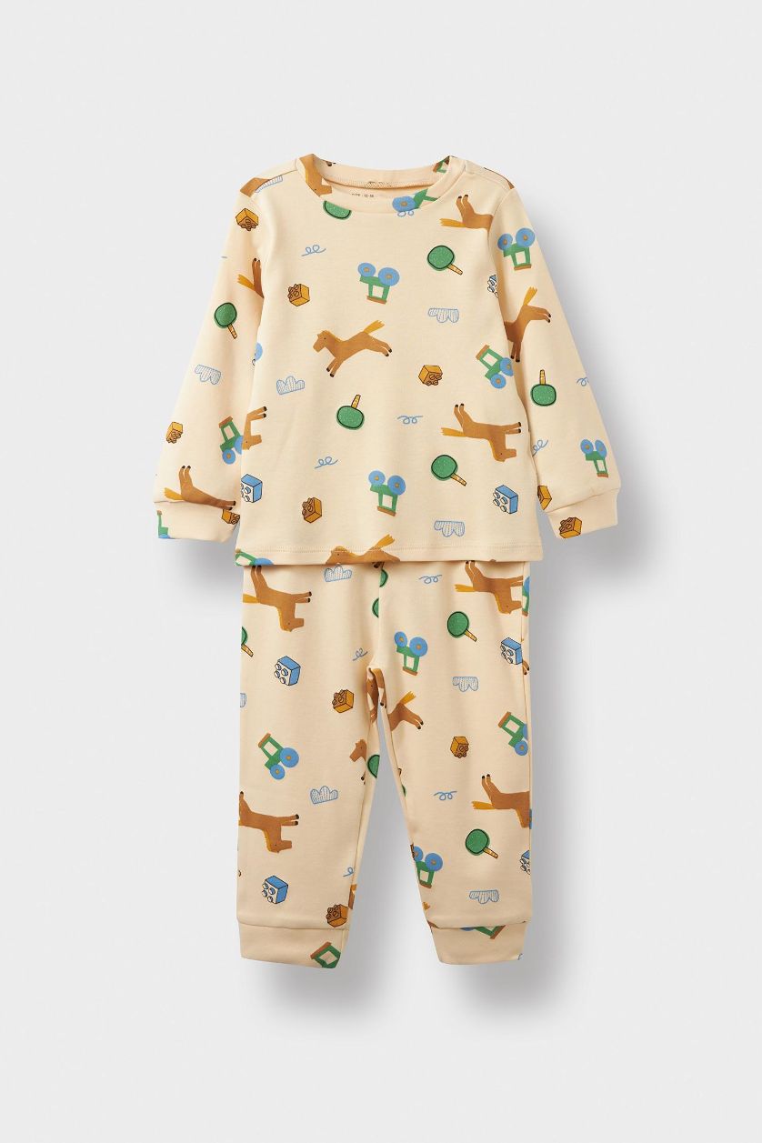 Erkek Bebek Kum %100 Pamuklu Hayvan Desenli Beli Lastikli Pijama Takımı Erkek Bebek