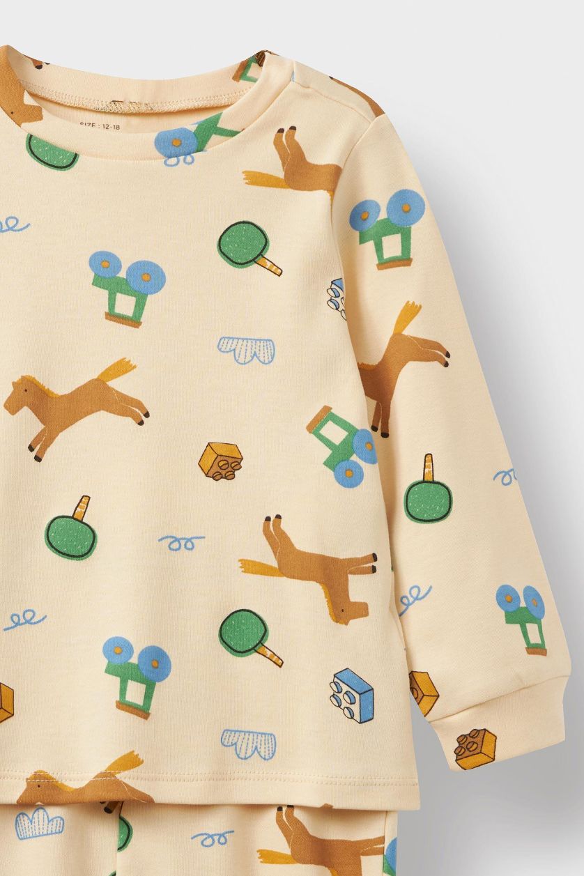 Erkek Bebek Kum %100 Pamuklu Hayvan Desenli Beli Lastikli Pijama Takımı Erkek Bebek