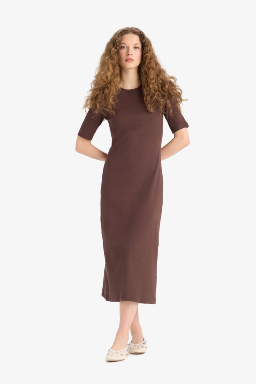 Әйелдерге Қоңыр с мойын қысқа жеңді Қысқа жеңді трикотаж көйлек