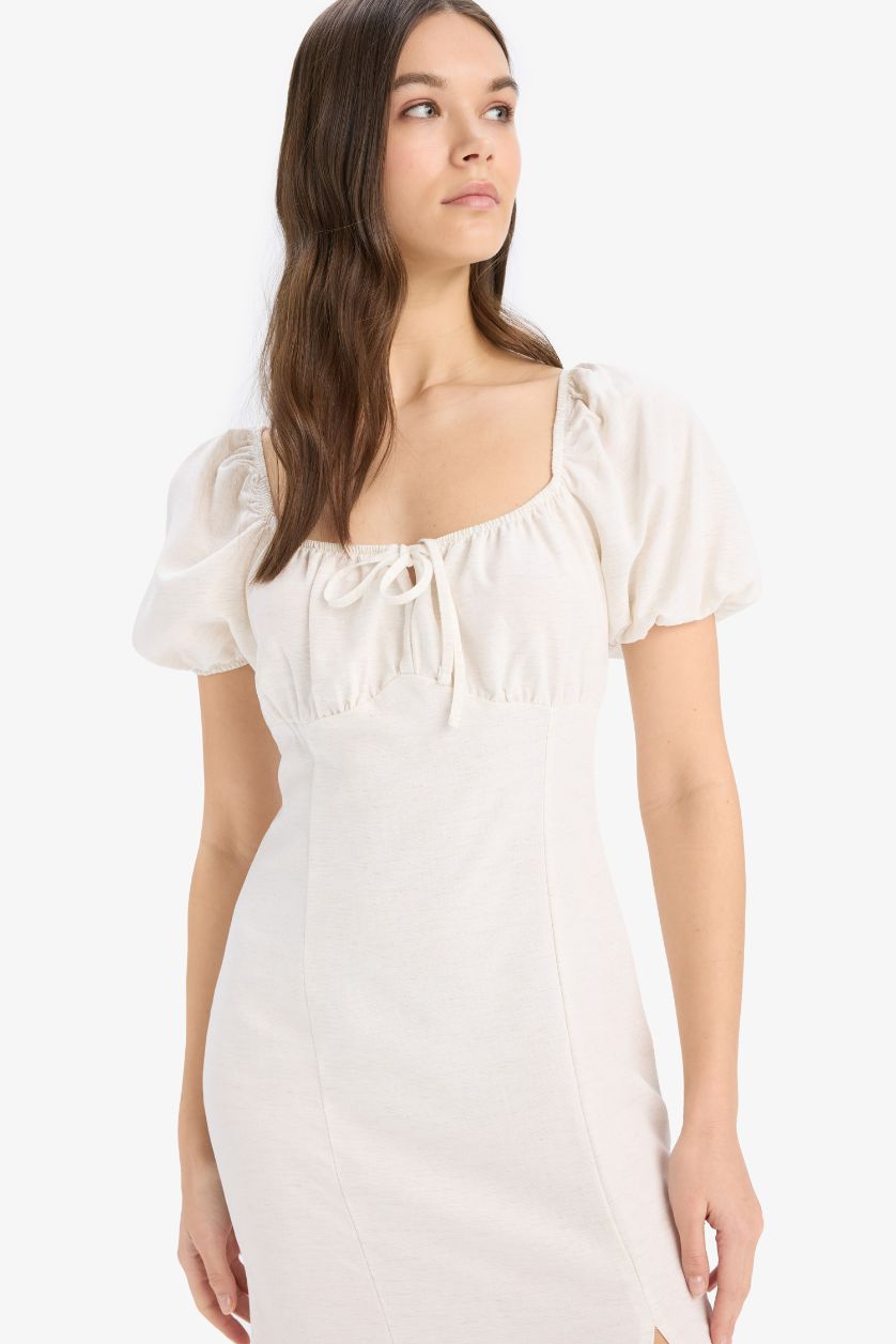 Kadın Ekru A Kesim V Yaka Keten Karışımlı Yırtmaçlı Kısa Kollu Midi Yazlık Elbise