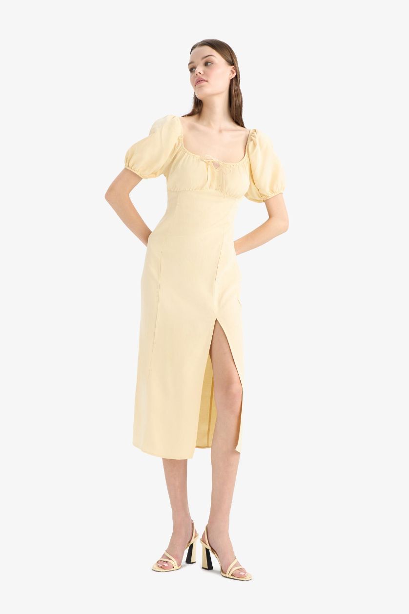 Kadın Açık Sarı A Kesim V Yaka Keten Karışımlı Yırtmaçlı Kısa Kollu Midi Yazlık Elbise