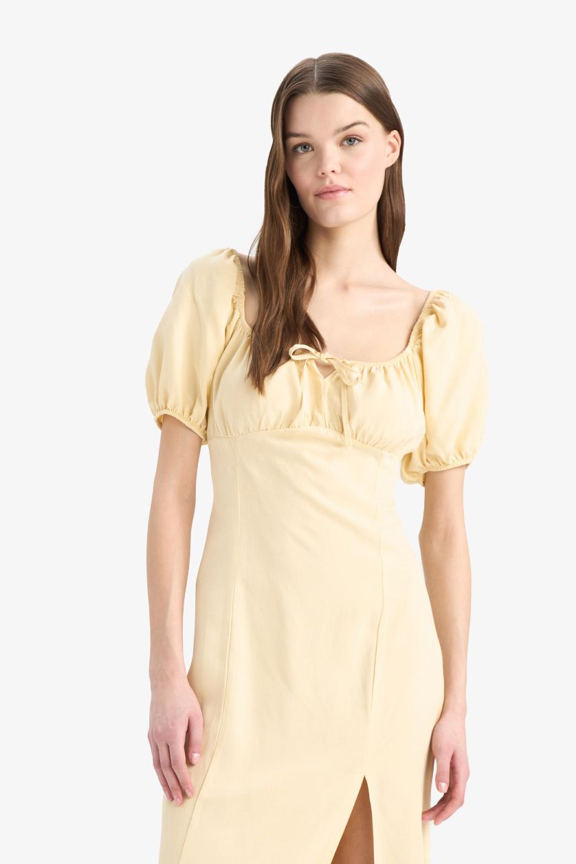 Kadın Açık Sarı A Kesim V Yaka Keten Karışımlı Yırtmaçlı Kısa Kollu Midi Yazlık Elbise