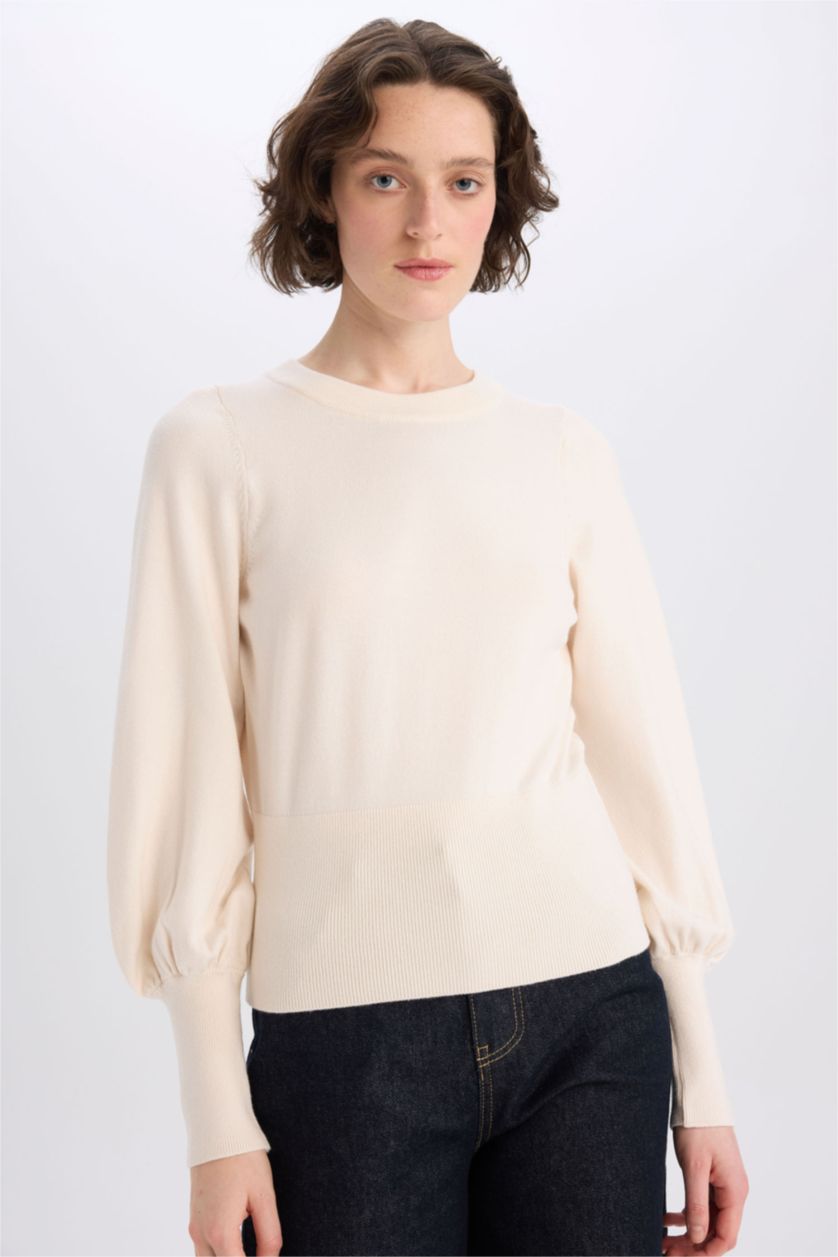 Kadın Bej Regular Fit Bisiklet Yaka Basic Düz Triko Kazak