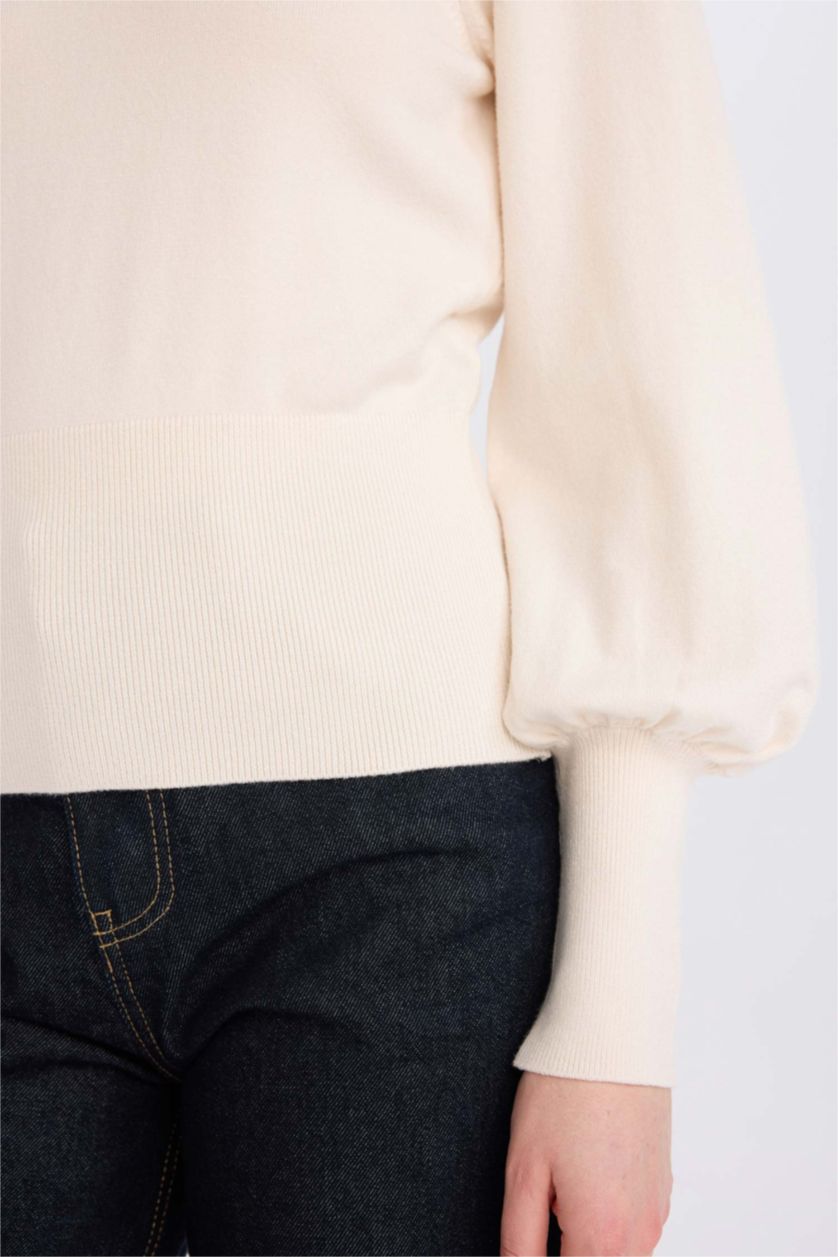 Kadın Bej Regular Fit Bisiklet Yaka Basic Düz Triko Kazak