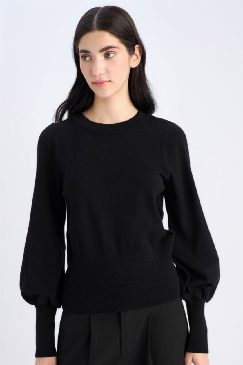 Kadın Siyah Regular Fit Bisiklet Yaka Basic Düz Triko Kazak