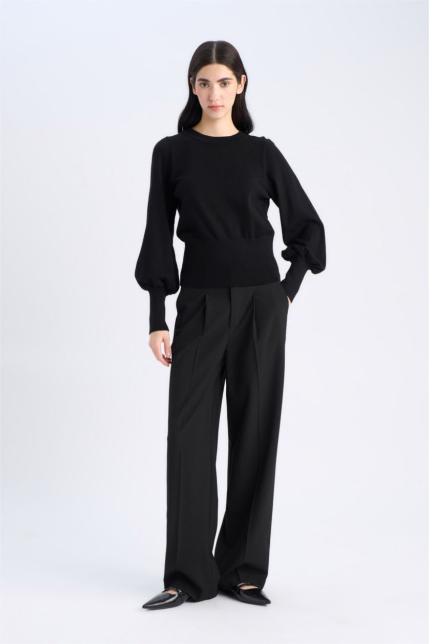 Kadın Siyah Regular Fit Bisiklet Yaka Basic Düz Triko Kazak