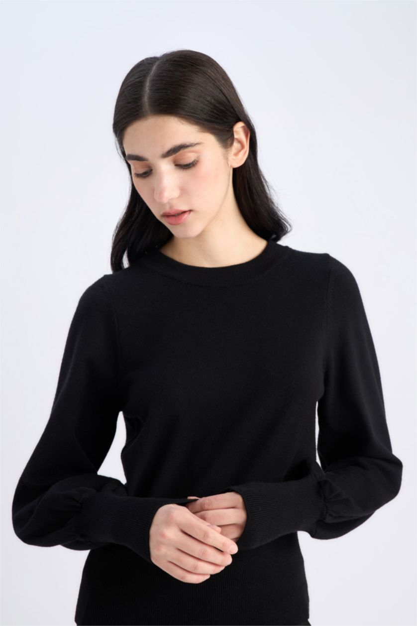 Kadın Siyah Regular Fit Bisiklet Yaka Basic Düz Triko Kazak