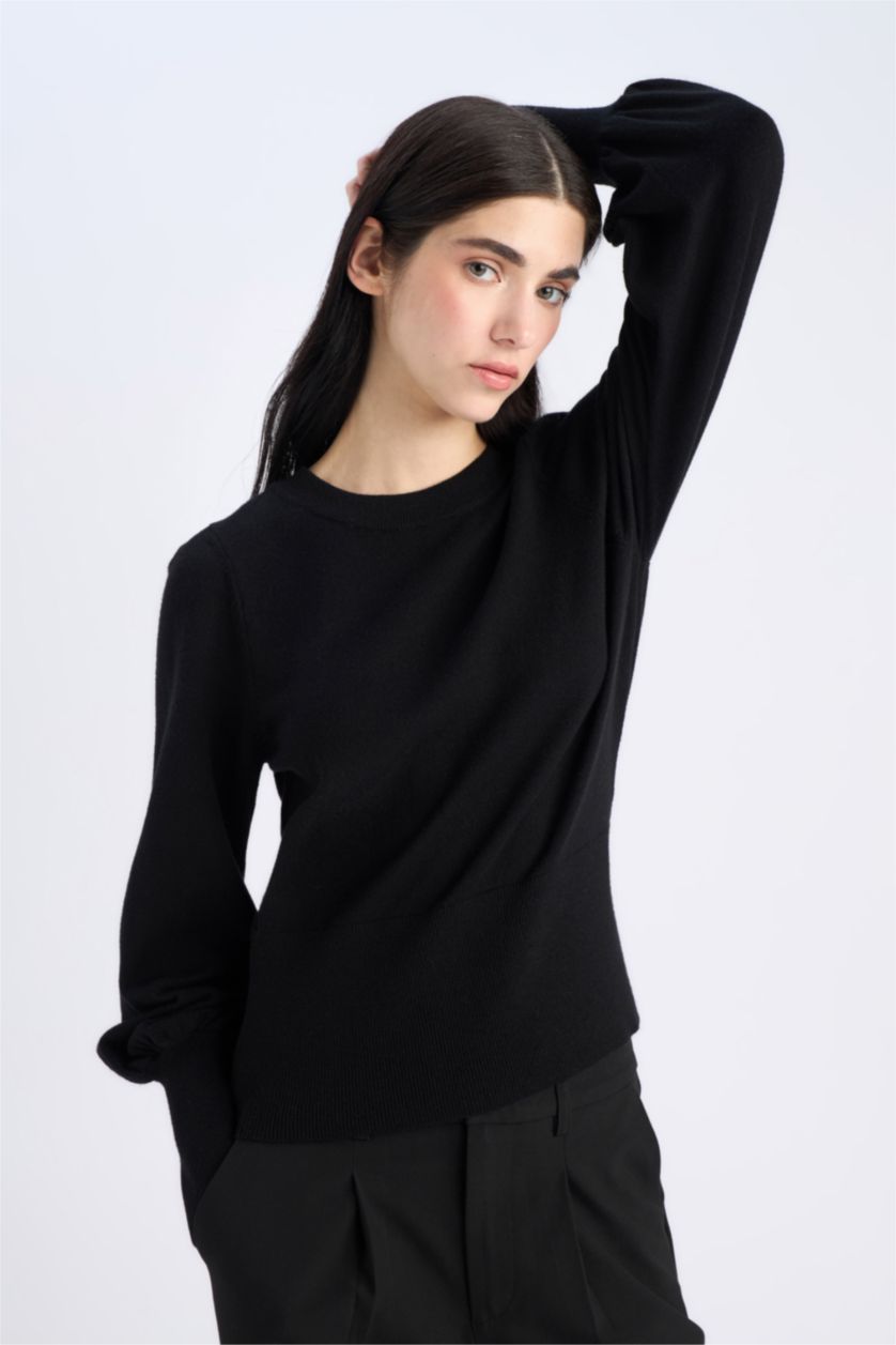 Kadın Siyah Regular Fit Bisiklet Yaka Basic Düz Triko Kazak