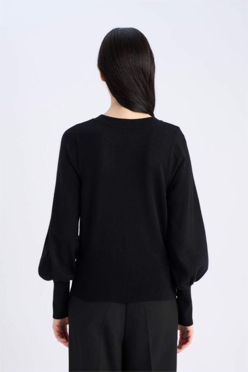 Kadın Siyah Regular Fit Bisiklet Yaka Basic Düz Triko Kazak