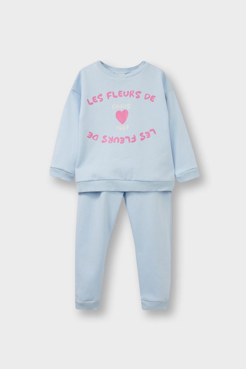 طفلة صغيرة أزرق فاتح سيت بيبي بناتيسويت شيرت وبنطلون رياضة بطبعة شعار - قطعتين