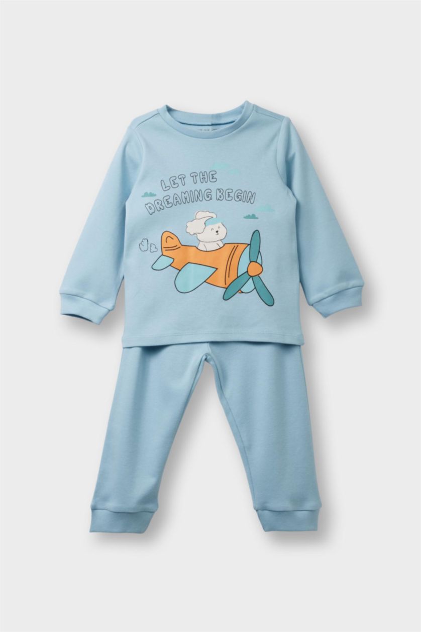 Erkek Bebek Mavi 4'lü Pijama Takımı Araç Baskılı Uzun Kollu Üst Uzun Alt Erkek Bebek