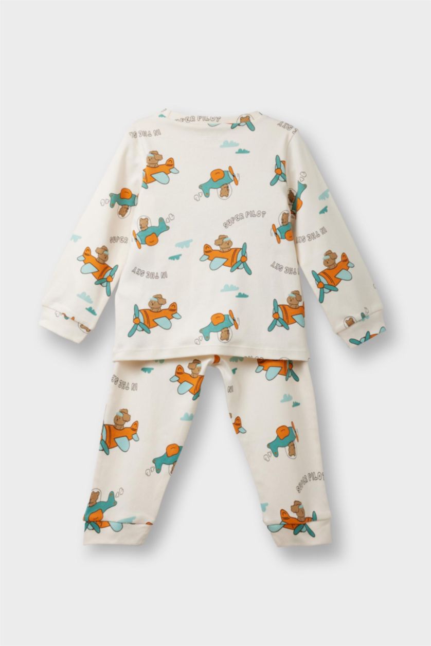 Erkek Bebek Mavi 4'lü Pijama Takımı Araç Baskılı Uzun Kollu Üst Uzun Alt Erkek Bebek