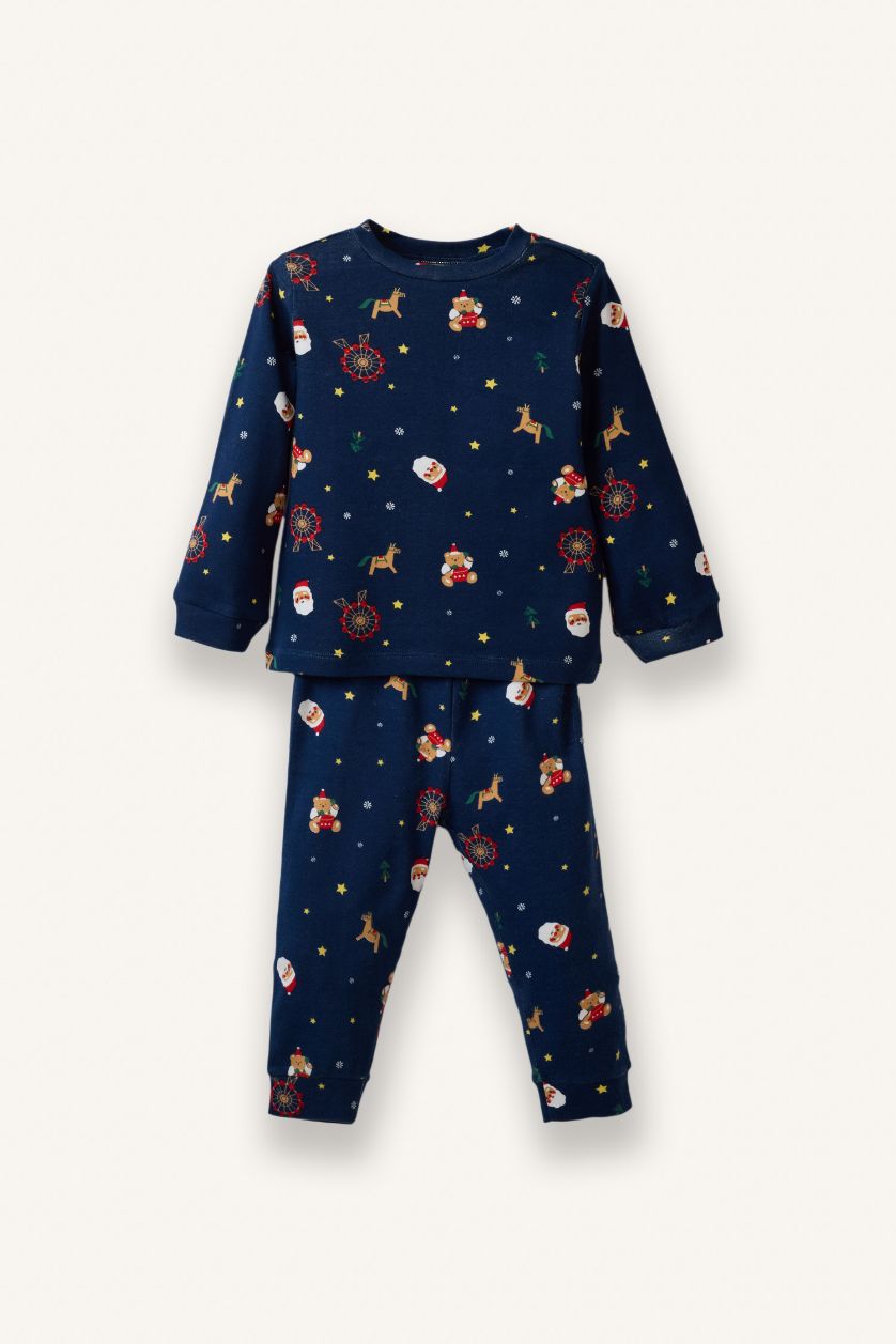 Erkek Bebek Lacivert Pijama Takımı Yılbaşı Temalı Uzun Kollu Üst Uzun Alt Erkek Bebek