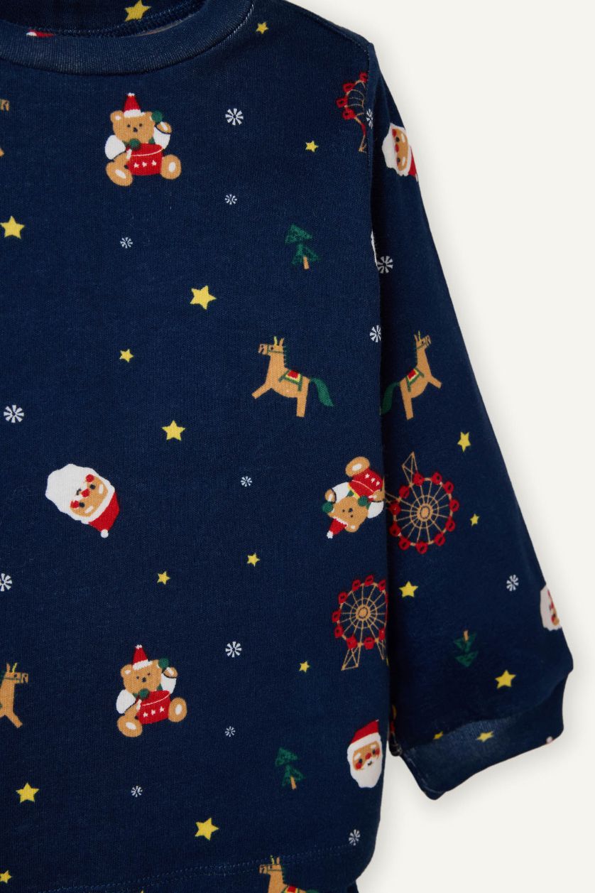 Erkek Bebek Lacivert Pijama Takımı Yılbaşı Temalı Uzun Kollu Üst Uzun Alt Erkek Bebek