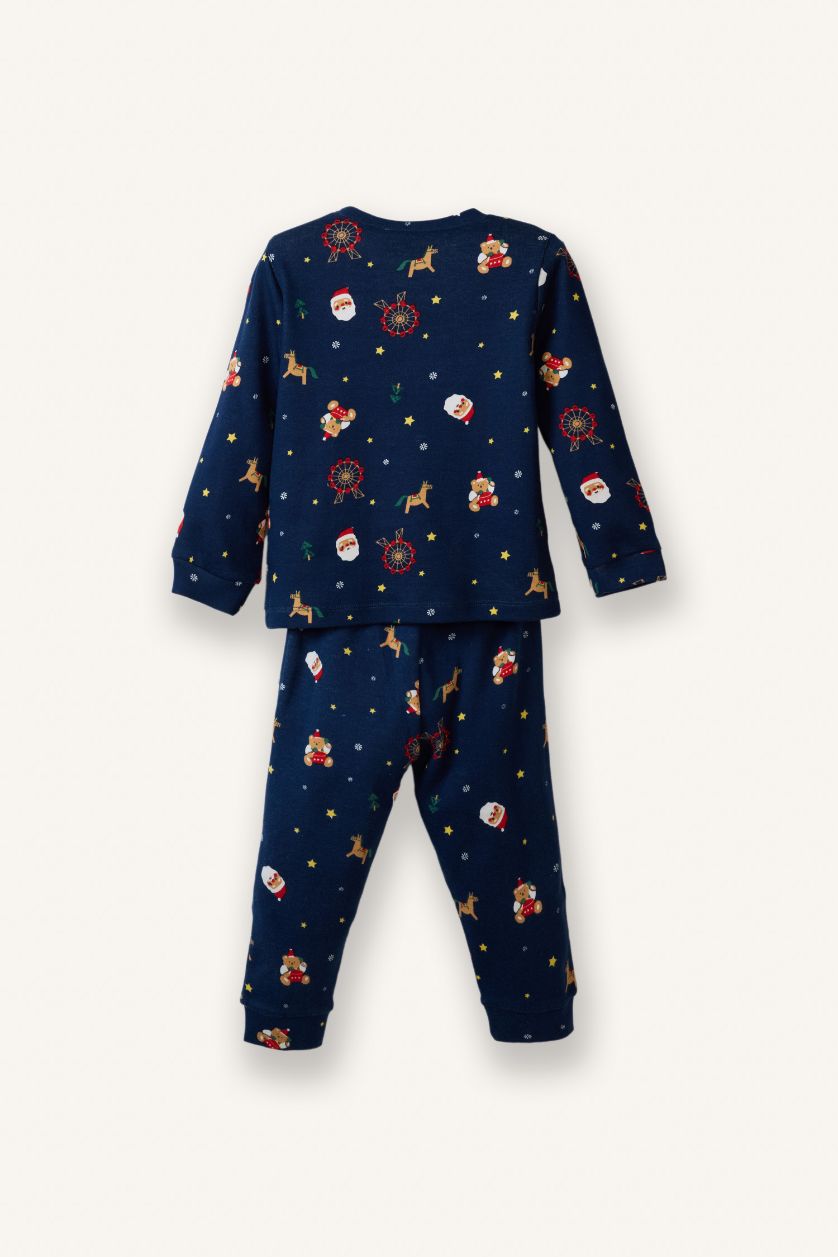 Erkek Bebek Lacivert Pijama Takımı Yılbaşı Temalı Uzun Kollu Üst Uzun Alt Erkek Bebek