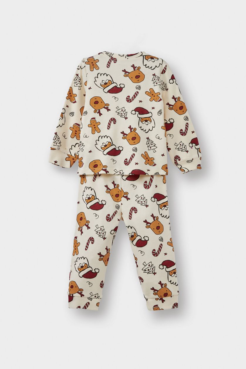 Erkek Bebek Ekru Pijama Takımı Yılbaşı Temalı Uzun Kollu Üst Uzun Alt Erkek Bebek