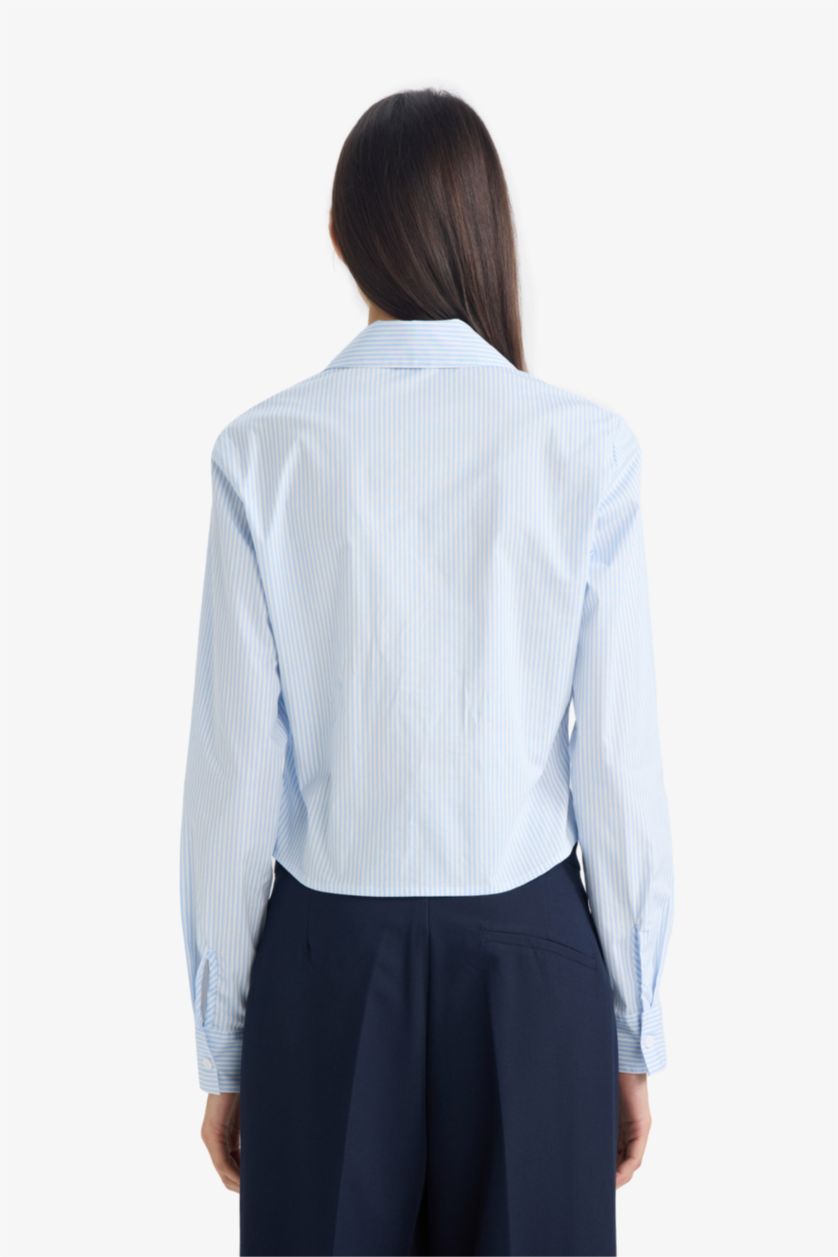 حريمي أزرق قميص كم طويل مخصر سليم فيت