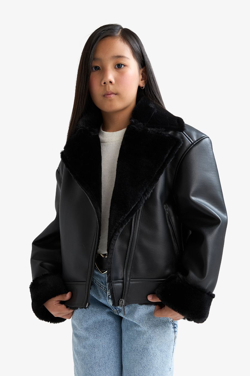 Девочки и подростки Черный Куртка с искусственным мехом на подкладке и отложным воротником для девочек.