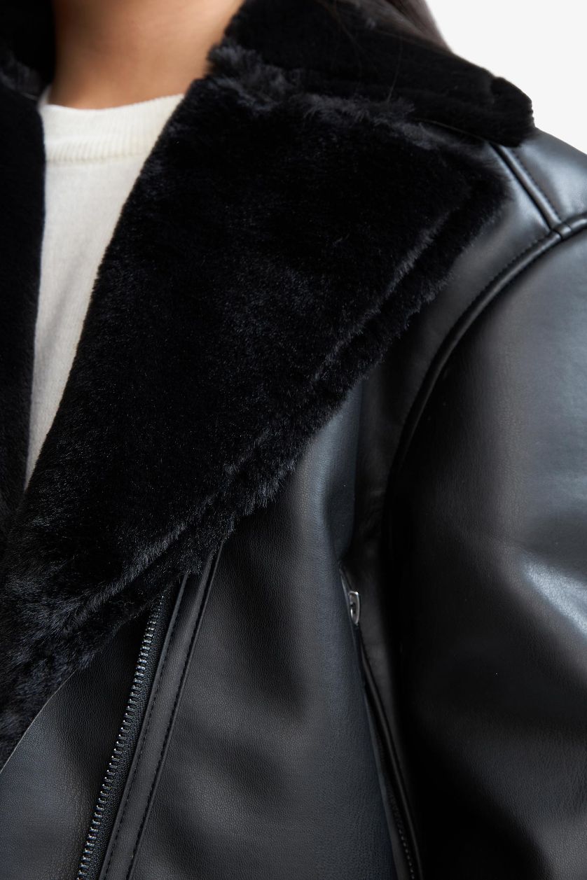 Девочки и подростки Черный Куртка с искусственным мехом на подкладке и отложным воротником для девочек.