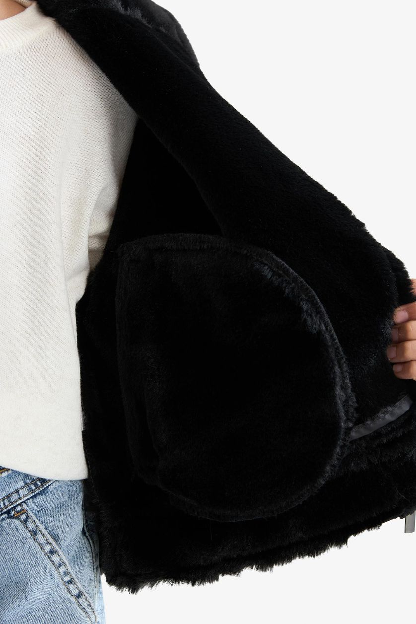 Девочки и подростки Черный Куртка с искусственным мехом на подкладке и отложным воротником для девочек.