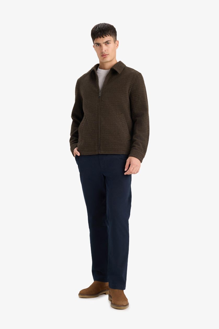 Erkek Koyu Kahve Slim Fit Dar Kesim Polo Yaka Cepli Astarlı Fermuarlı Mont