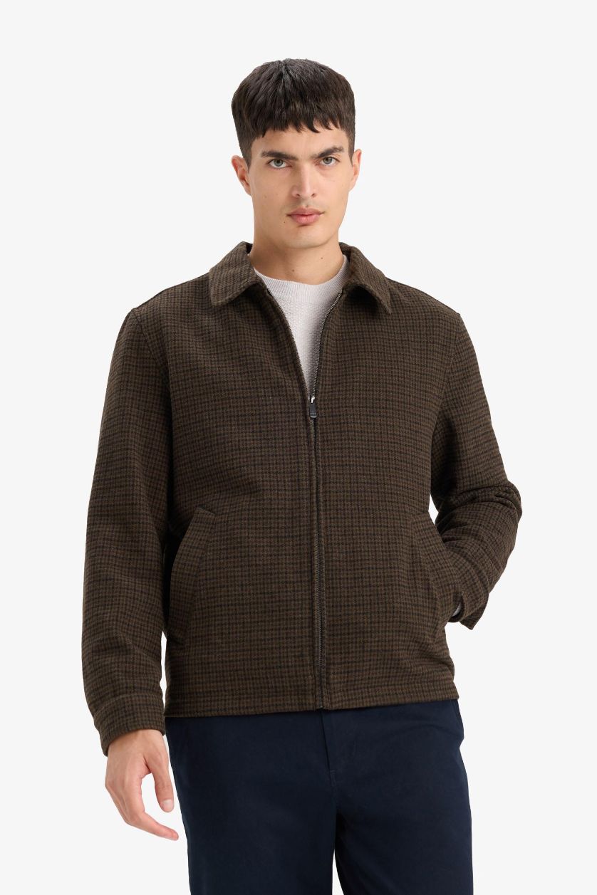 Erkek Koyu Kahve Slim Fit Dar Kesim Polo Yaka Cepli Astarlı Fermuarlı Mont