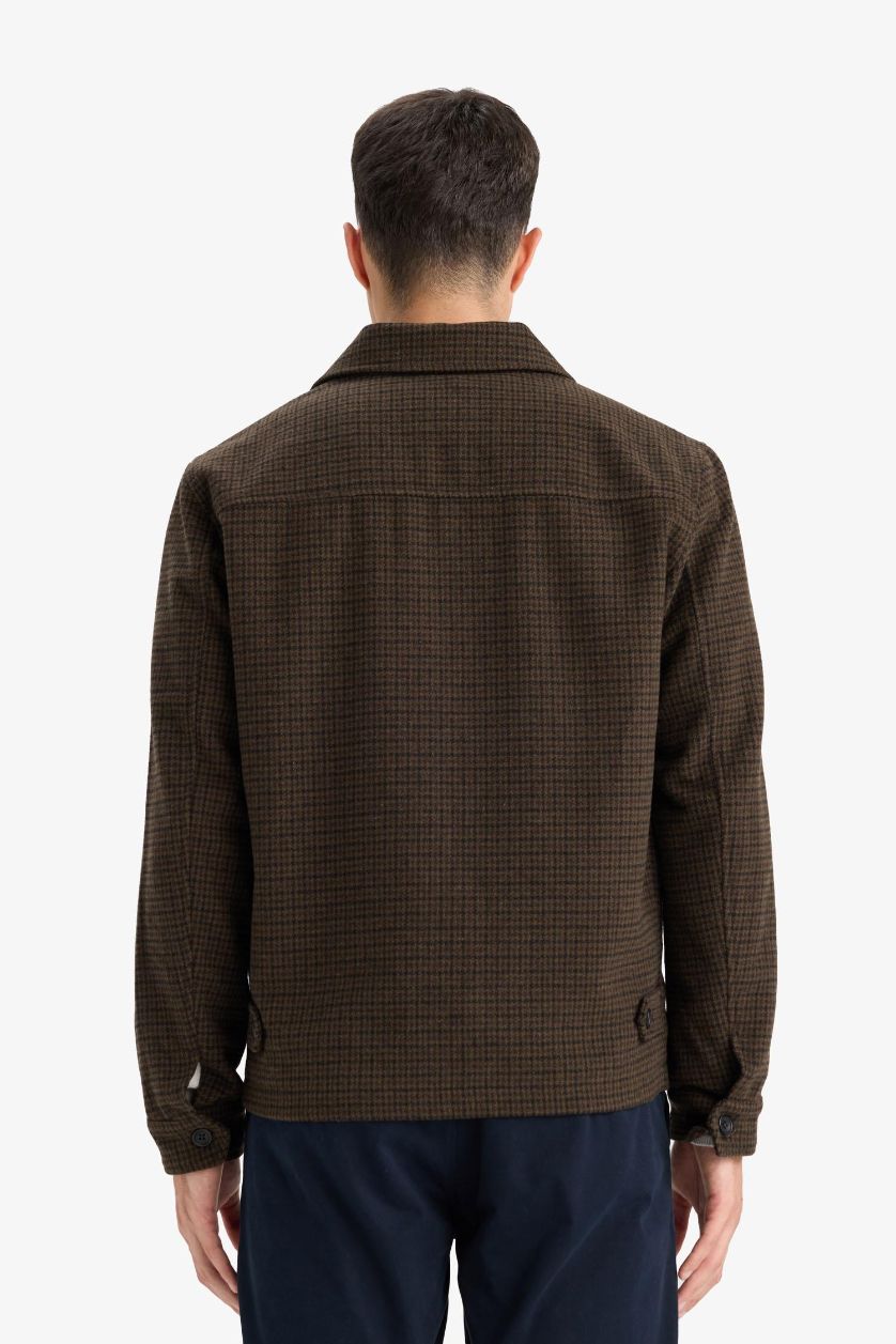 Erkek Koyu Kahve Slim Fit Dar Kesim Polo Yaka Cepli Astarlı Fermuarlı Mont