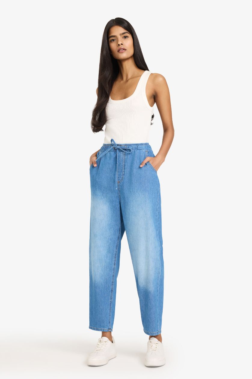 نساء أزرق بنطرون جينز طري بخصر عالي