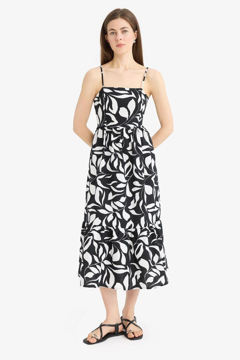 Kadın Siyah Çiçek Desenli Keten Görünümlü Askılı Midi Yazlık Elbise