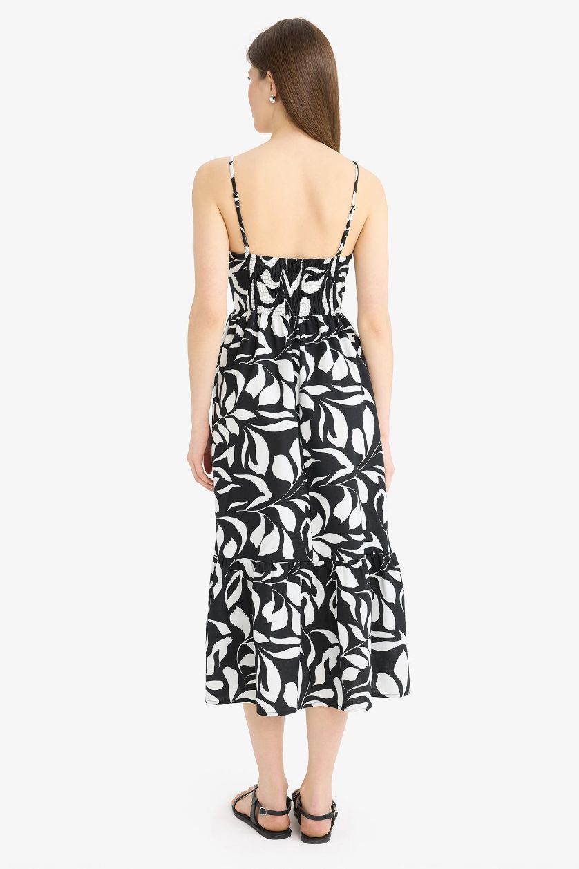 Kadın Siyah Çiçek Desenli Keten Görünümlü Askılı Midi Yazlık Elbise