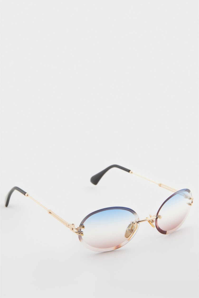Kadın Mavi Kadın Yuvarlak Şeffaf Metal Çerçeve Degrade Cam UV Güneş Gözlüğü