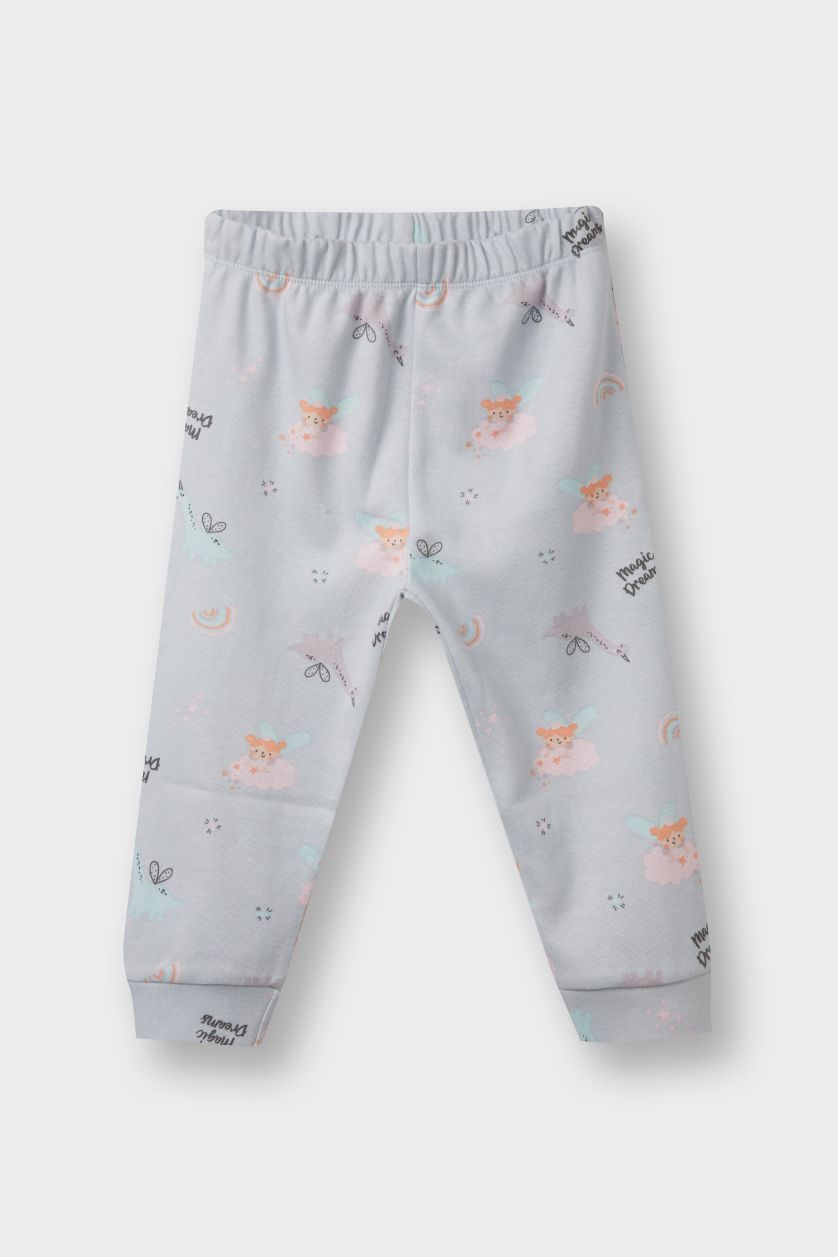 Kız Bebek Açık Mavi %100 Pamuklu Desenli Beli Lastikli Pijama Takımı Kız Bebek