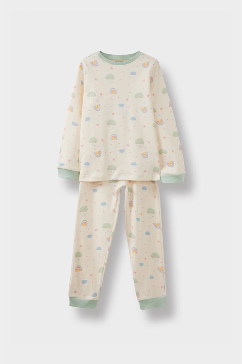 طفلة صغيرة بيج فاتح طقم بيجاما بناتي قصة عادية بطبعة قوس قزح - 4 قطع